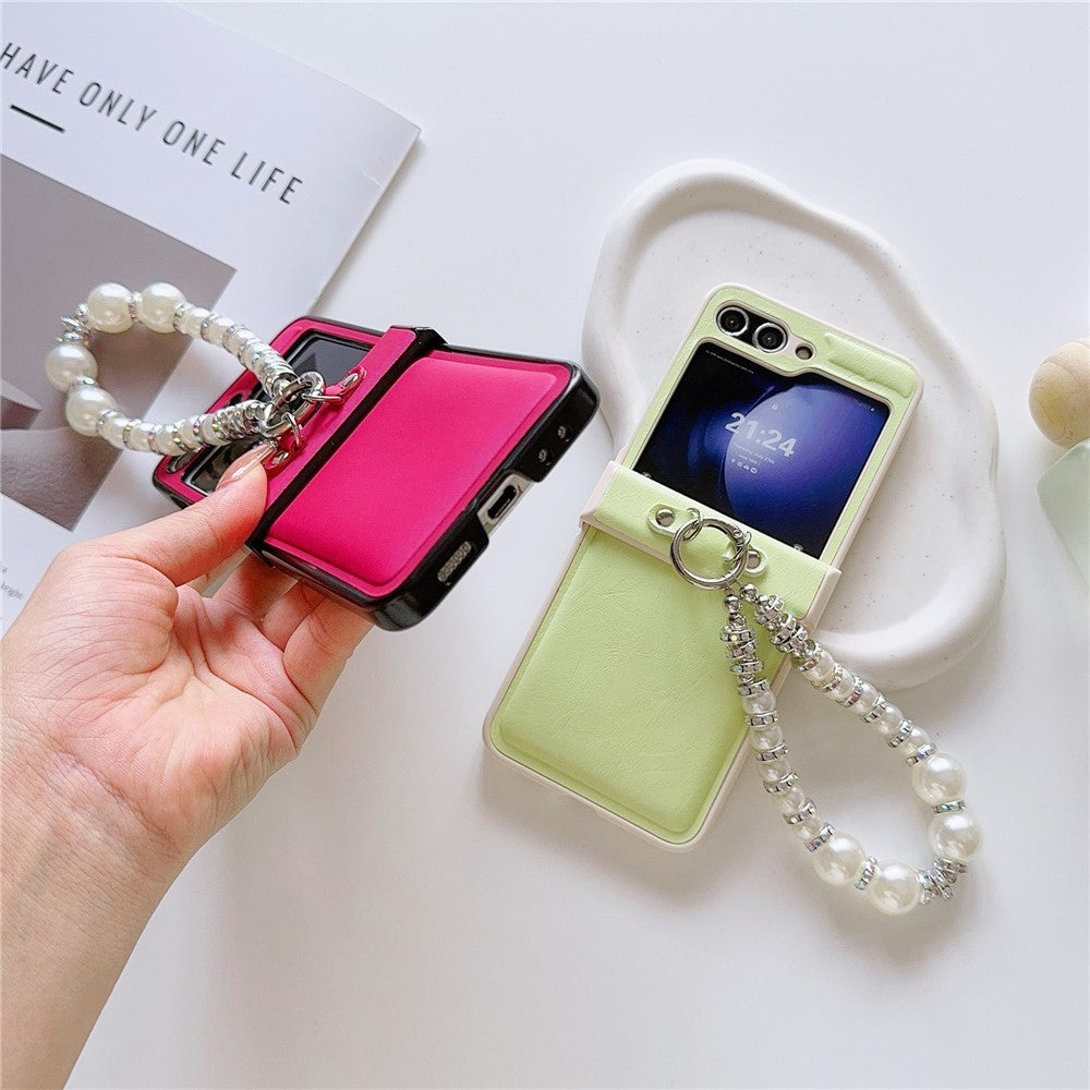 For Samsung Galaxy Z Flip7 FE 5G / Z Flip6 5G Case Crazy Horse Leather+PC Phone Cover with Wrist Pearl Strap - Rose