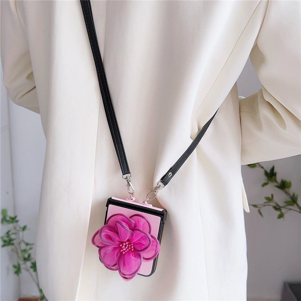 For Samsung Galaxy Z Flip7 FE 5G / Z Flip6 5G Case Organza Flower Leather+PC Phone Cover with Crossbody Lanyard - Pink