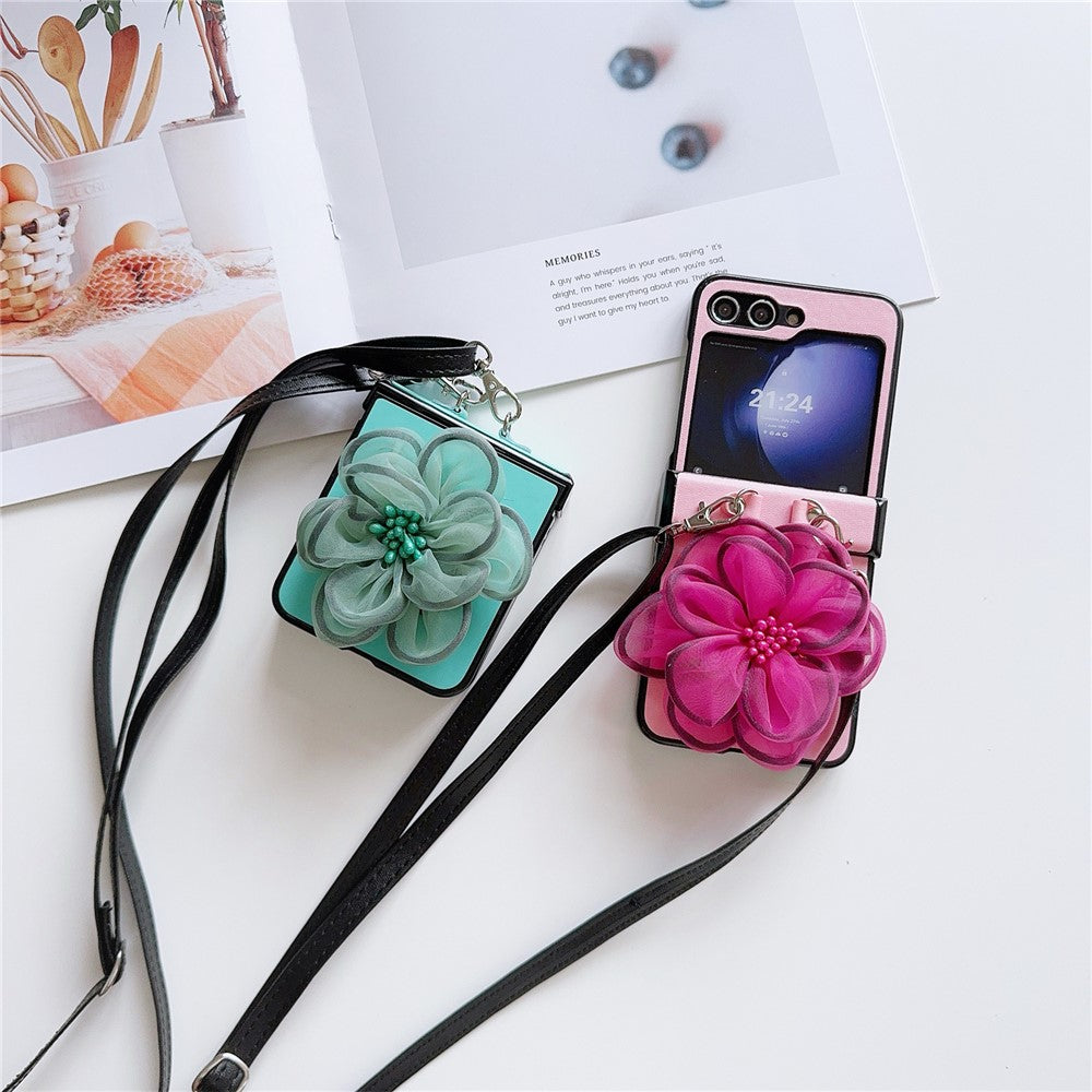 For Samsung Galaxy Z Flip7 FE 5G / Z Flip6 5G Case Organza Flower Leather+PC Phone Cover with Crossbody Lanyard - Pink