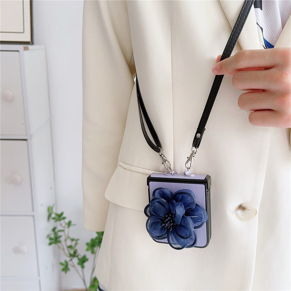 For Samsung Galaxy Z Flip7 FE 5G / Z Flip6 5G Case Organza Flower Leather+PC Phone Cover with Crossbody Lanyard - Purple