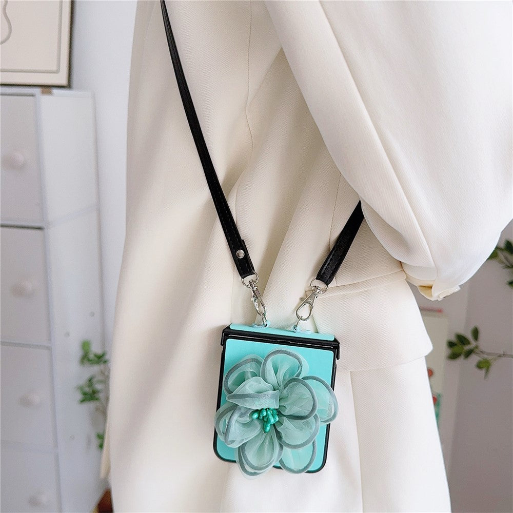 For Samsung Galaxy Z Flip7 FE 5G / Z Flip6 5G Case Organza Flower Leather+PC Phone Cover with Crossbody Lanyard - Blue
