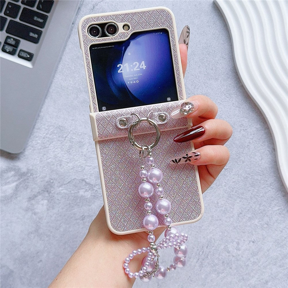 For Samsung Galaxy Z Flip7 FE 5G / Z Flip6 5G Case Glitter Lattice Leather+PC Phone Cover with Beaded Wrist Strap - Purple