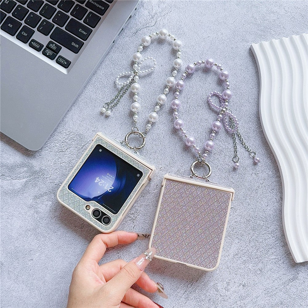 For Samsung Galaxy Z Flip7 FE 5G / Z Flip6 5G Case Glitter Lattice Leather+PC Phone Cover with Beaded Wrist Strap - Purple