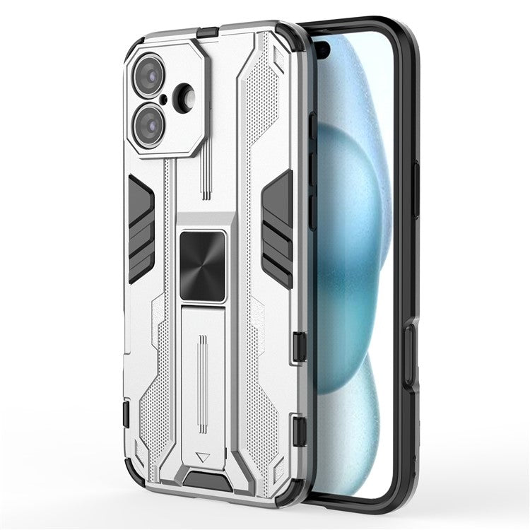 For iPhone 16 Plus Case PC + TPU Shockproof Phone Cover with Kickstand - Silver