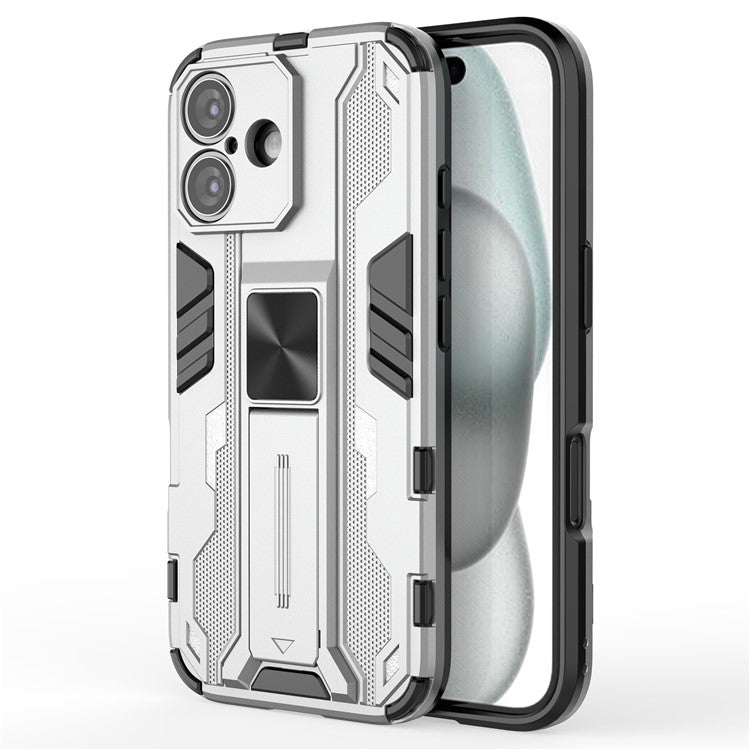 For iPhone 16 Case PC + TPU Shockproof Phone Cover with Kickstand - Silver