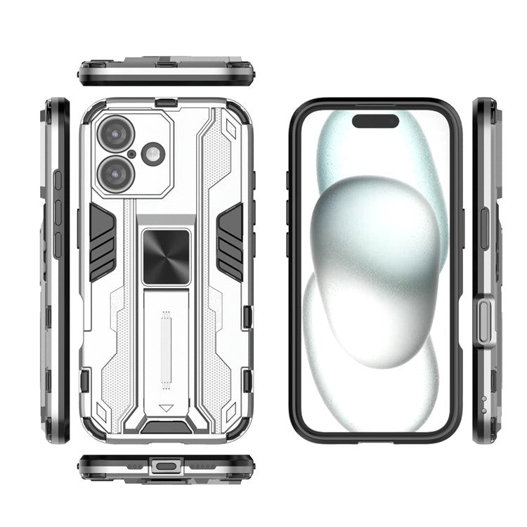 For iPhone 16 Case PC + TPU Shockproof Phone Cover with Kickstand - Silver