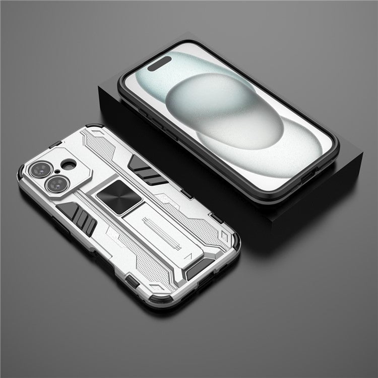 For iPhone 16 Case PC + TPU Shockproof Phone Cover with Kickstand - Silver