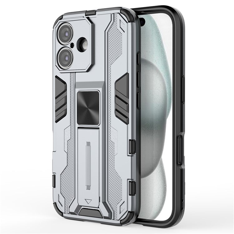 For iPhone 16 Case PC + TPU Shockproof Phone Cover with Kickstand - Grey
