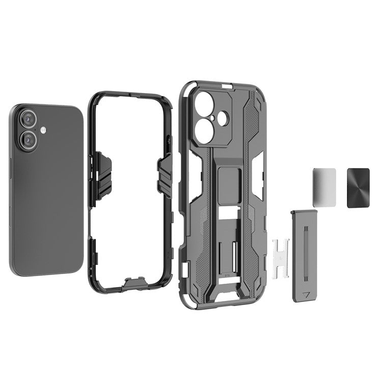 For iPhone 16 Case PC + TPU Shockproof Phone Cover with Kickstand - Grey
