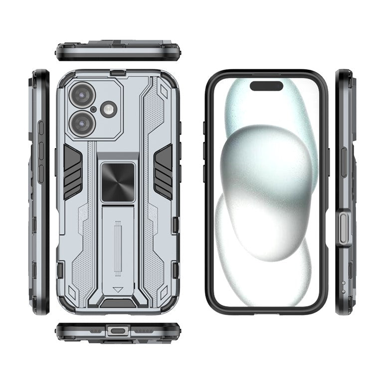 For iPhone 16 Case PC + TPU Shockproof Phone Cover with Kickstand - Grey