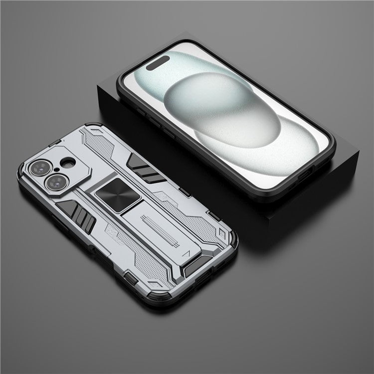 For iPhone 16 Case PC + TPU Shockproof Phone Cover with Kickstand - Grey