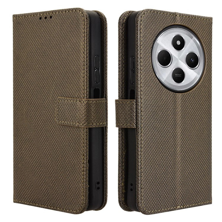 For Xiaomi Poco C75 4G / Redmi 14R 5G / 14C 4G / A4 5G Case PU Leather Diamond Texture Wallet Phone Cover - Brown
