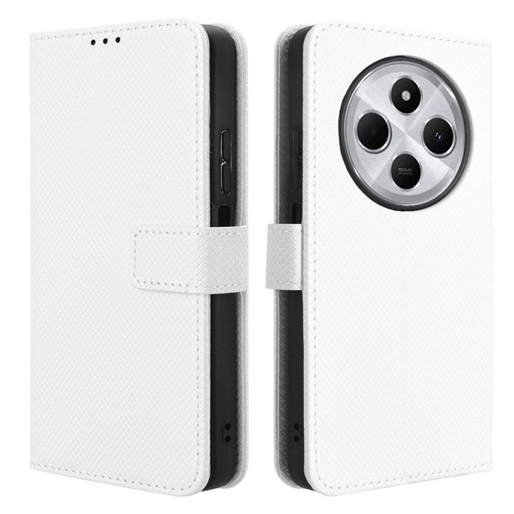 For Xiaomi Poco C75 4G / Redmi 14R 5G / 14C 4G / A4 5G Case PU Leather Diamond Texture Wallet Phone Cover - White