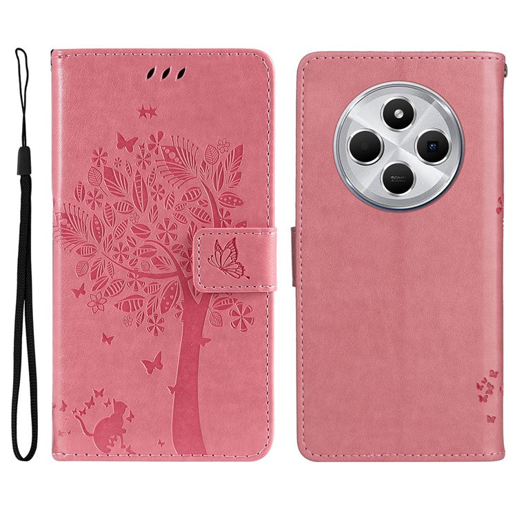 KT Imprinting Flower Series-3 For Xiaomi Poco C75 4G / Redmi 14R 5G / 14C 4G Case Cat Tree Pattern Flip Leather Phone Cover - Pink