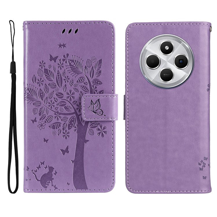 KT Imprinting Flower Series-3 For Xiaomi Poco C75 4G / Redmi 14R 5G / 14C 4G Case Cat Tree Pattern Flip Leather Phone Cover - Light Purple
