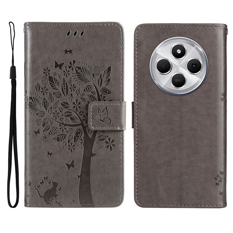 KT Imprinting Flower Series-3 For Xiaomi Poco C75 4G / Redmi 14R 5G / 14C 4G Case Cat Tree Pattern Flip Leather Phone Cover - Grey