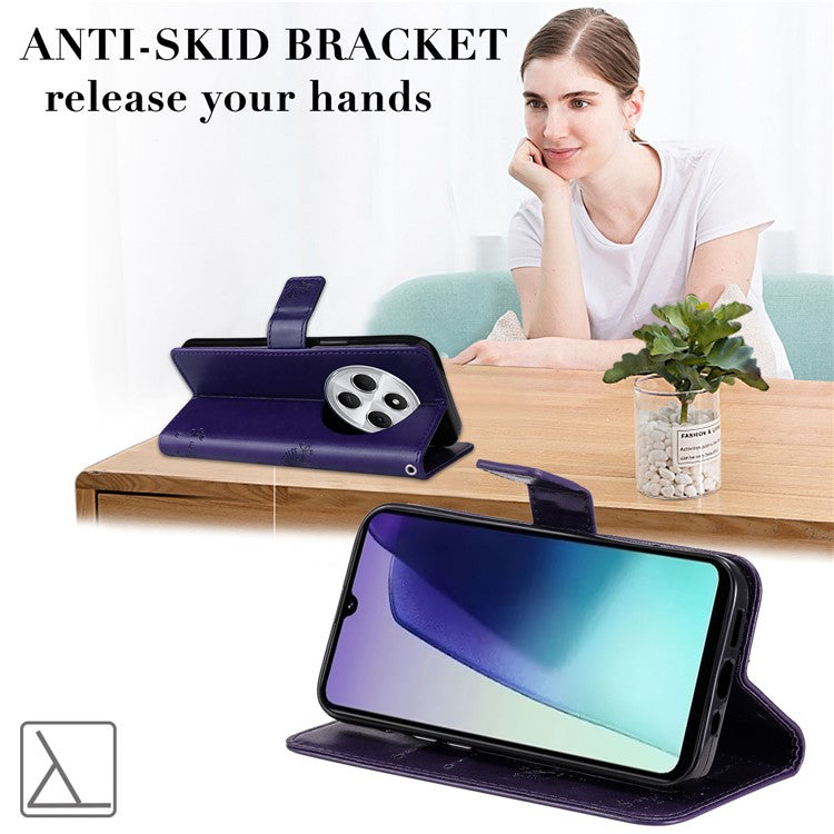 KT Imprinting Flower Series-3 For Xiaomi Poco C75 4G / Redmi 14R 5G / 14C 4G Case Cat Tree Pattern Flip Leather Phone Cover - Purple