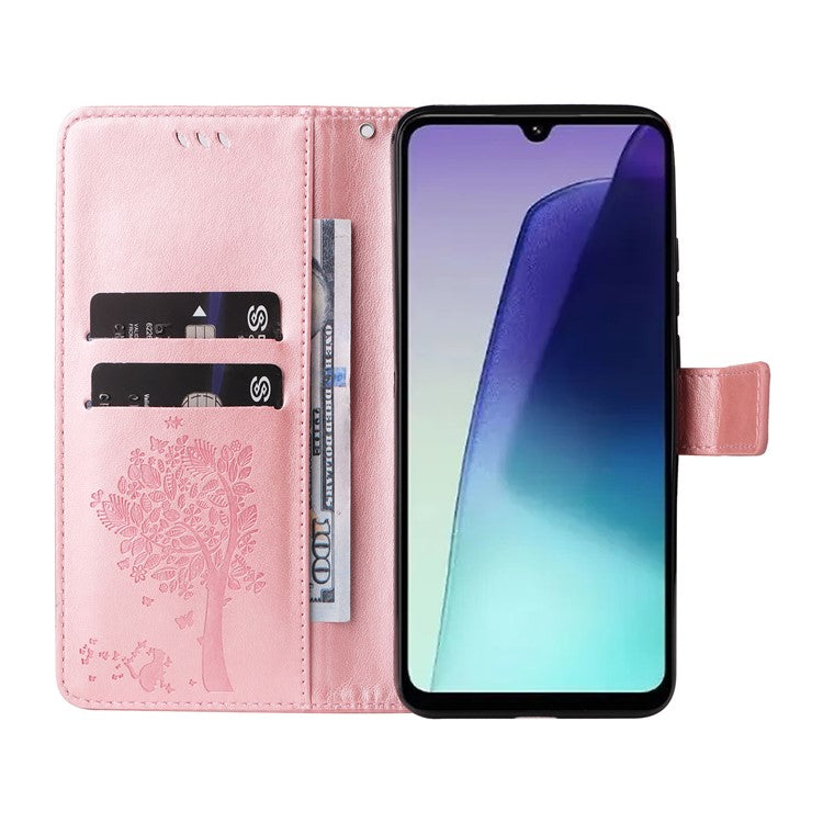 KT Imprinting Flower Series-3 For Xiaomi Poco C75 4G / Redmi 14R 5G / 14C 4G Case Cat Tree Pattern Flip Leather Phone Cover - Rose Gold