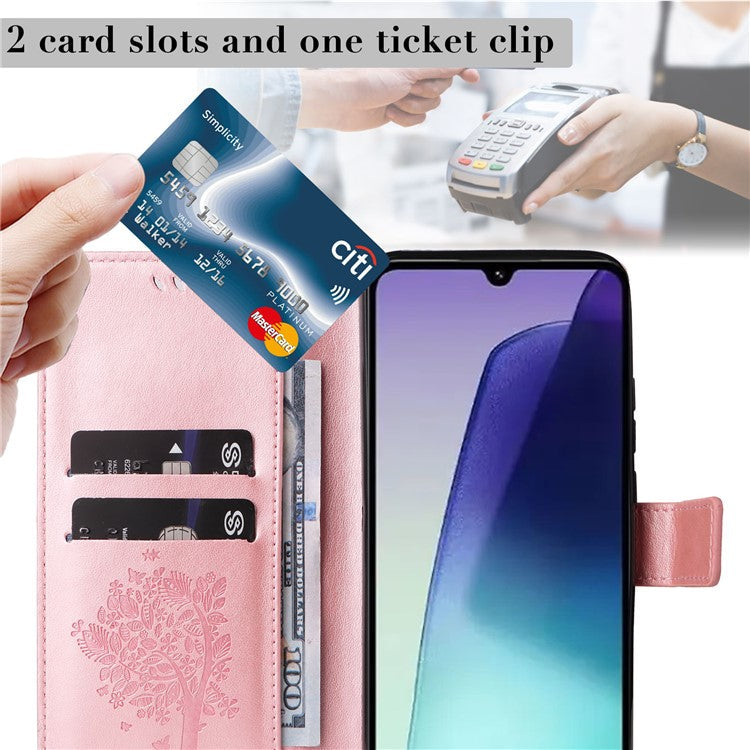 KT Imprinting Flower Series-3 For Xiaomi Poco C75 4G / Redmi 14R 5G / 14C 4G Case Cat Tree Pattern Flip Leather Phone Cover - Rose Gold