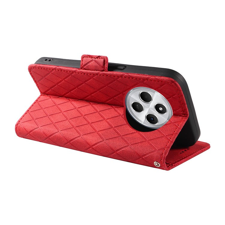 For Xiaomi Poco C75 4G / Redmi 14R 5G / 14C 4G Case Rhombus PU Leather Flip Wallet Phone Cover - Red