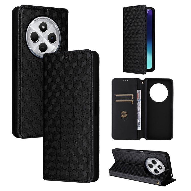 For Xiaomi Poco C75 4G / Redmi 14R 5G / 14C 4G / A4 5G Wallet Case Rhombus Imprinted Leather Phone Cover - Black
