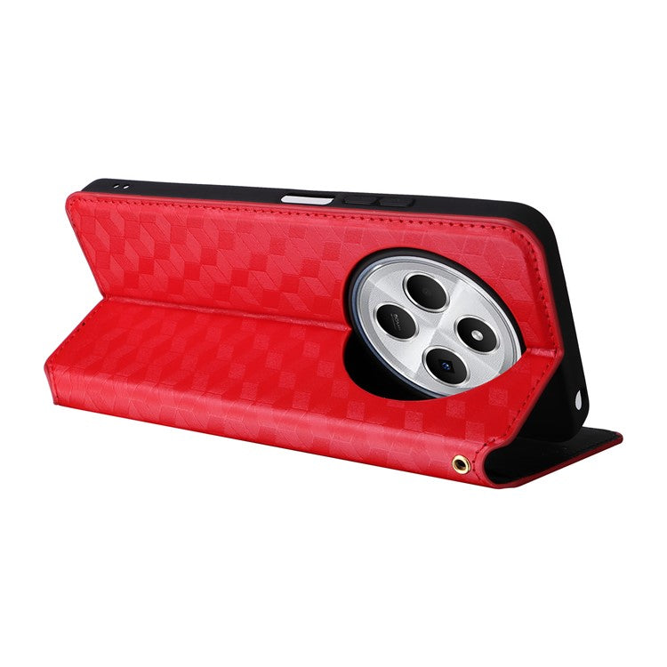 For Xiaomi Poco C75 4G / Redmi 14R 5G / 14C 4G / A4 5G Wallet Case Rhombus Imprinted Leather Phone Cover - Red