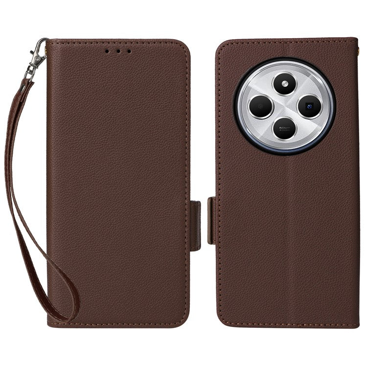 For Xiaomi Poco C75 4G / Redmi 14R 5G / 14C 4G / A4 5G Case Litchi Texture PU Leather Wallet Flip Phone Cover - Brown