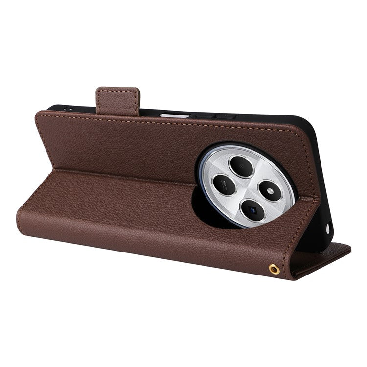 For Xiaomi Poco C75 4G / Redmi 14R 5G / 14C 4G / A4 5G Case Litchi Texture PU Leather Wallet Flip Phone Cover - Brown