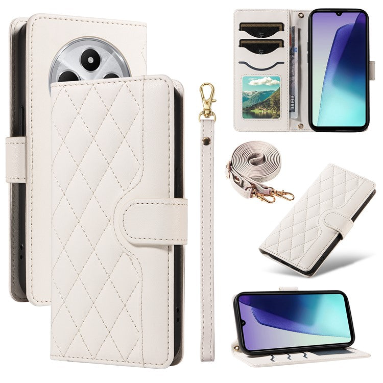 For Xiaomi Poco C75 4G / Redmi 14R 5G / 14C 4G Case Wallet Rhombus Leather Phone Cover with Shoulder Strap, Wrist Strap - White