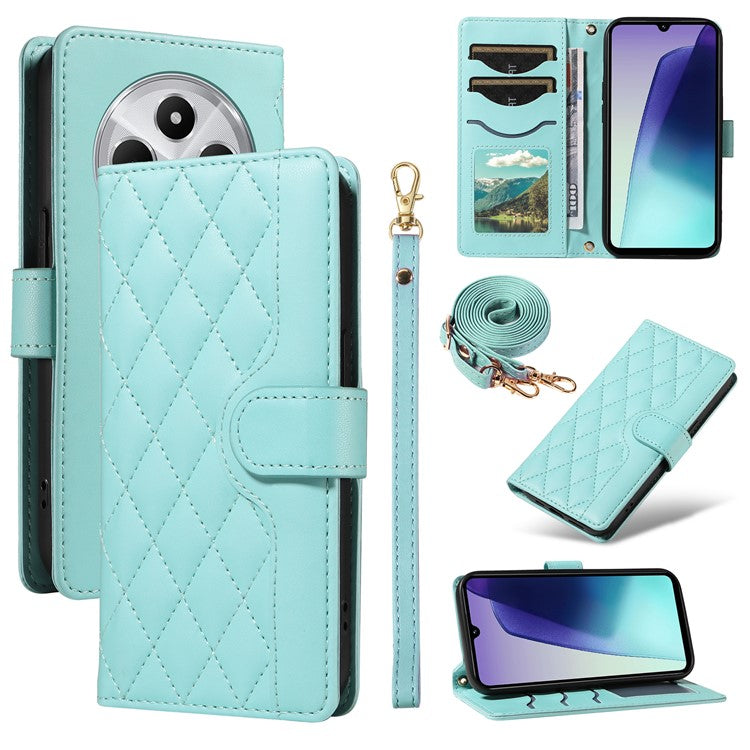 For Xiaomi Poco C75 4G / Redmi 14R 5G / 14C 4G Case Wallet Rhombus Leather Phone Cover with Shoulder Strap, Wrist Strap - Green