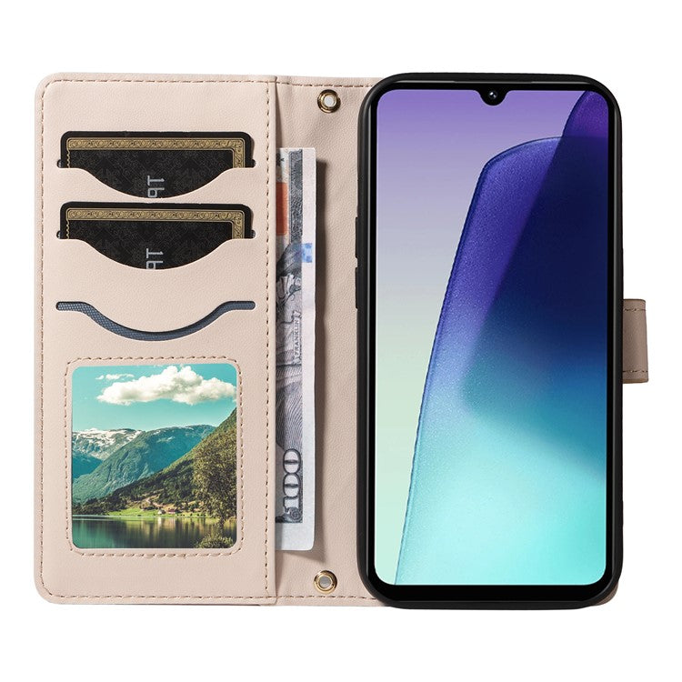 For Xiaomi Poco C75 4G / Redmi 14R 5G / 14C 4G Case Wallet Rhombus Leather Phone Cover with Shoulder Strap, Wrist Strap - Apricot