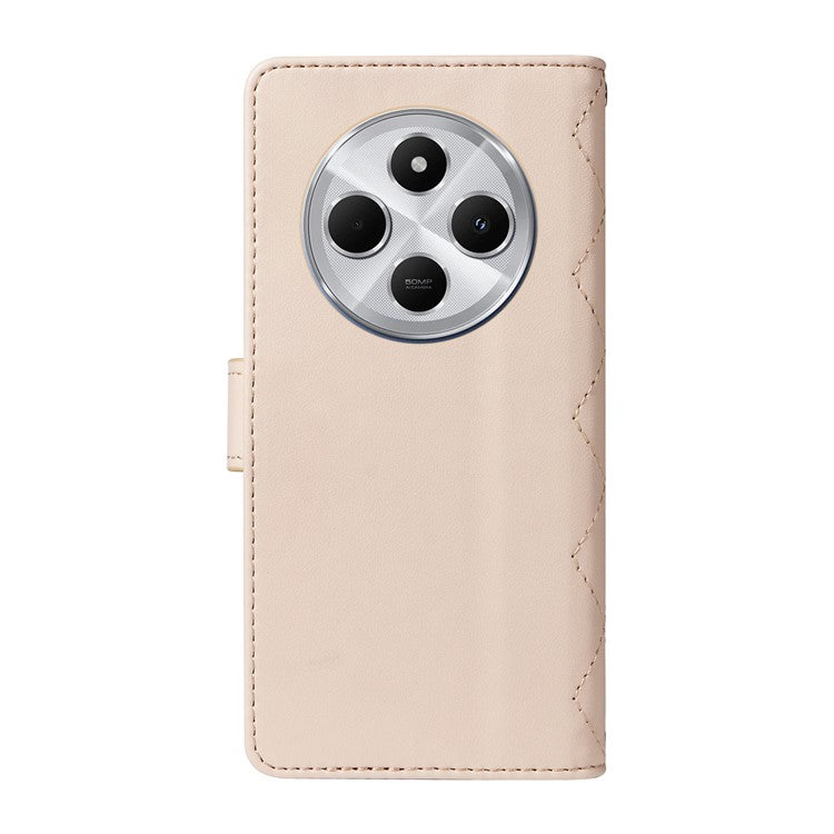 For Xiaomi Poco C75 4G / Redmi 14R 5G / 14C 4G Case Wallet Rhombus Leather Phone Cover with Shoulder Strap, Wrist Strap - Apricot