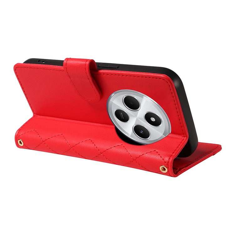 For Xiaomi Poco C75 4G / Redmi 14R 5G / 14C 4G Case Wallet Rhombus Leather Phone Cover with Shoulder Strap, Wrist Strap - Red