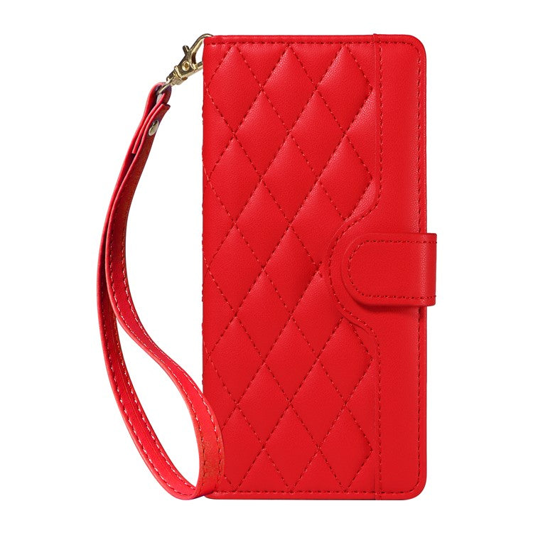 For Xiaomi Poco C75 4G / Redmi 14R 5G / 14C 4G Case Wallet Rhombus Leather Phone Cover with Shoulder Strap, Wrist Strap - Red