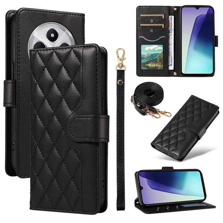 For Xiaomi Poco C75 4G / Redmi 14R 5G / 14C 4G Case Wallet Rhombus Leather Phone Cover with Shoulder Strap, Wrist Strap - Black