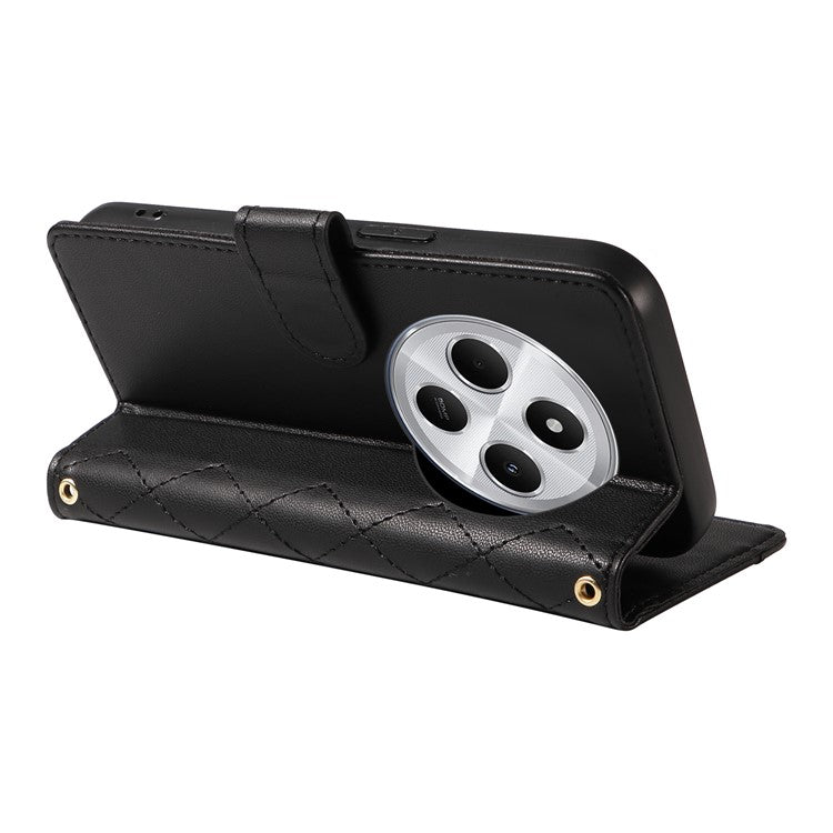 For Xiaomi Poco C75 4G / Redmi 14R 5G / 14C 4G Case Wallet Rhombus Leather Phone Cover with Shoulder Strap, Wrist Strap - Black