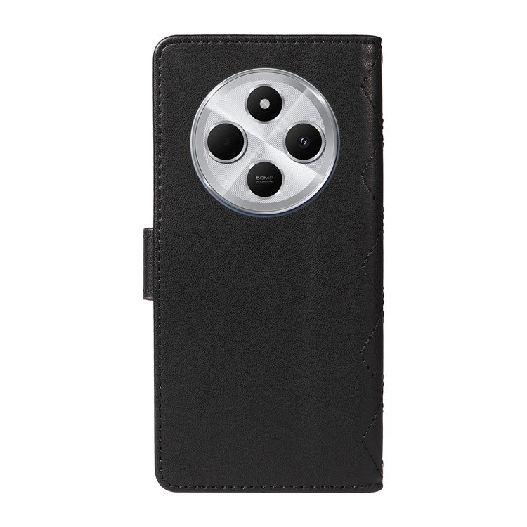 For Xiaomi Poco C75 4G / Redmi 14R 5G / 14C 4G Case Wallet Rhombus Leather Phone Cover with Shoulder Strap, Wrist Strap - Black