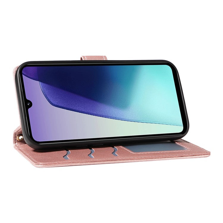 For Xiaomi Poco C75 4G / Redmi 14R 5G / 14C 4G Case Wallet Rhombus Leather Phone Cover with Shoulder Strap, Wrist Strap - Rose Gold