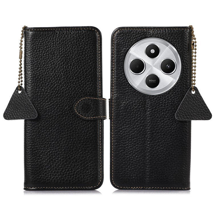 For Xiaomi Poco C75 4G / Redmi 14R 5G / 14C 4G Case RFID Blocking Litchi Texture Genuine Cow Leather Phone Cover - Black