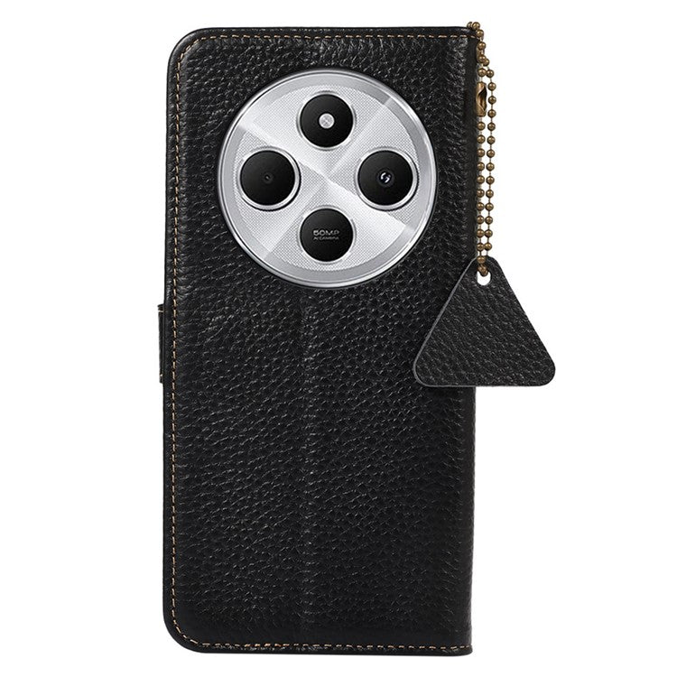 For Xiaomi Poco C75 4G / Redmi 14R 5G / 14C 4G Case RFID Blocking Litchi Texture Genuine Cow Leather Phone Cover - Black