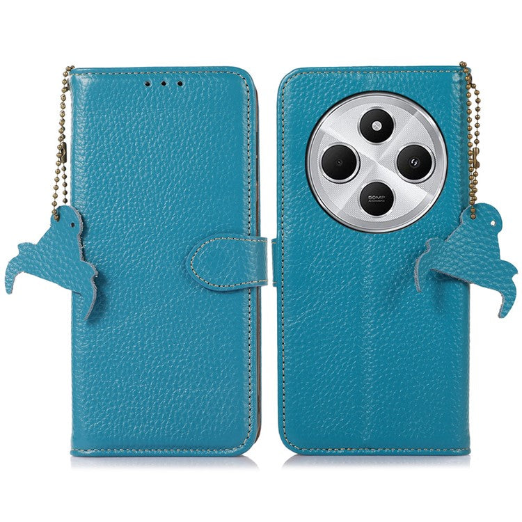 For Xiaomi Poco C75 4G / Redmi 14R 5G / 14C 4G Case RFID Blocking Litchi Texture Genuine Cow Leather Phone Cover - Blue