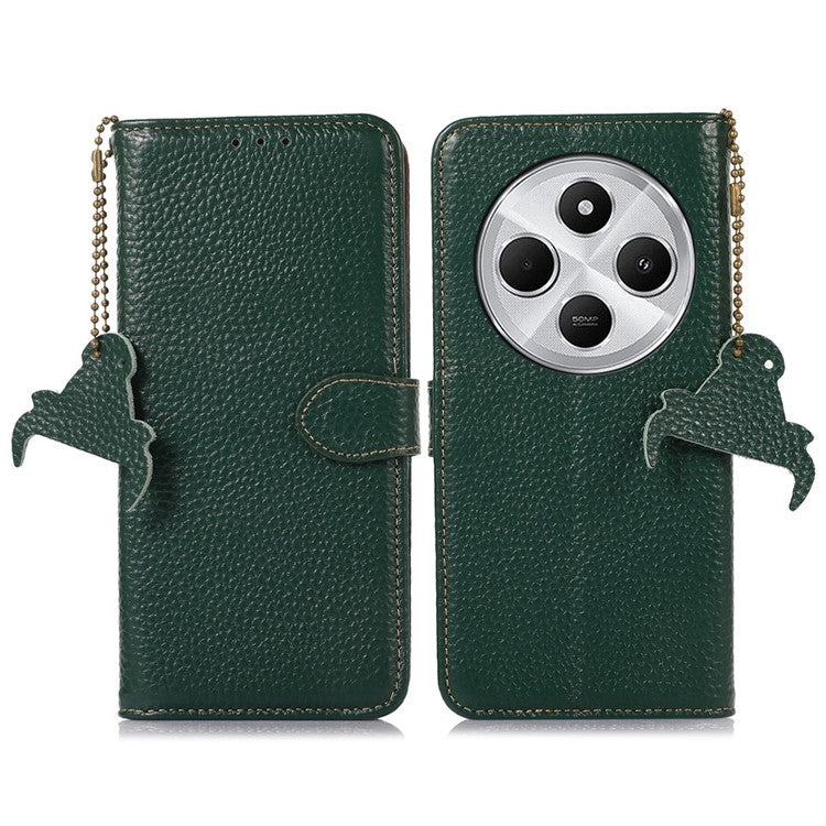 For Xiaomi Poco C75 4G / Redmi 14R 5G / 14C 4G Case RFID Blocking Litchi Texture Genuine Cow Leather Phone Cover - Green