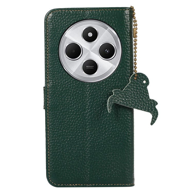 For Xiaomi Poco C75 4G / Redmi 14R 5G / 14C 4G Case RFID Blocking Litchi Texture Genuine Cow Leather Phone Cover - Green