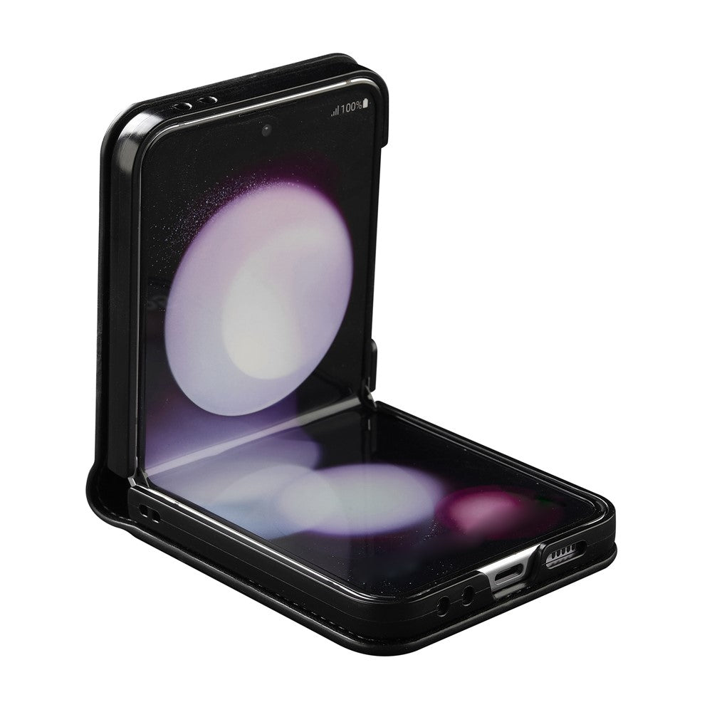 LC.IMEEKE for Samsung Galaxy Z Flip7 FE 5G / Z Flip6 5G Case Leather+PC Phone Cover with Straps Card Slots - Black