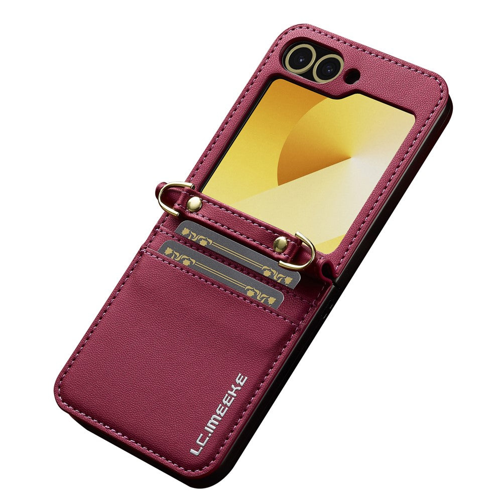 LC.IMEEKE for Samsung Galaxy Z Flip7 FE 5G / Z Flip6 5G Case Leather+PC Phone Cover with Straps Card Slots - Red