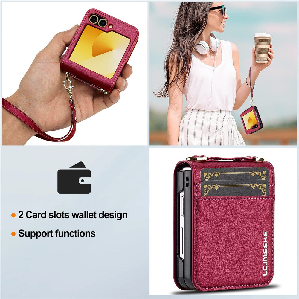 LC.IMEEKE for Samsung Galaxy Z Flip7 FE 5G / Z Flip6 5G Case Leather+PC Phone Cover with Straps Card Slots - Red