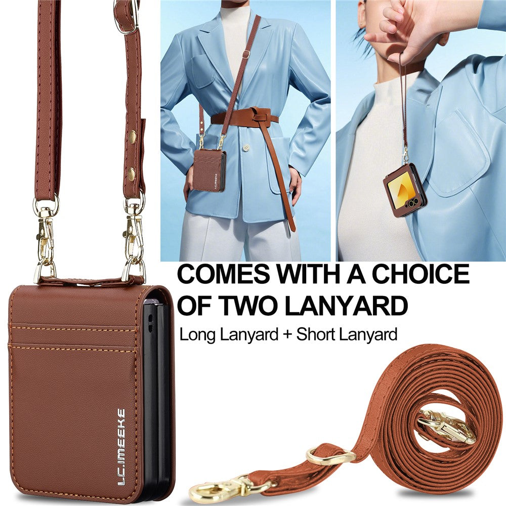 LC.IMEEKE for Samsung Galaxy Z Flip7 FE 5G / Z Flip6 5G Case Leather+PC Phone Cover with Straps Card Slots - Brown