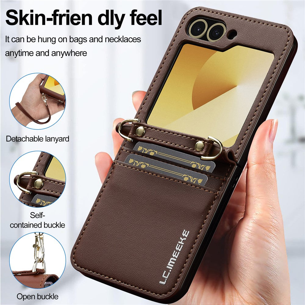 LC.IMEEKE for Samsung Galaxy Z Flip7 FE 5G / Z Flip6 5G Case Leather+PC Phone Cover with Straps Card Slots - Brown