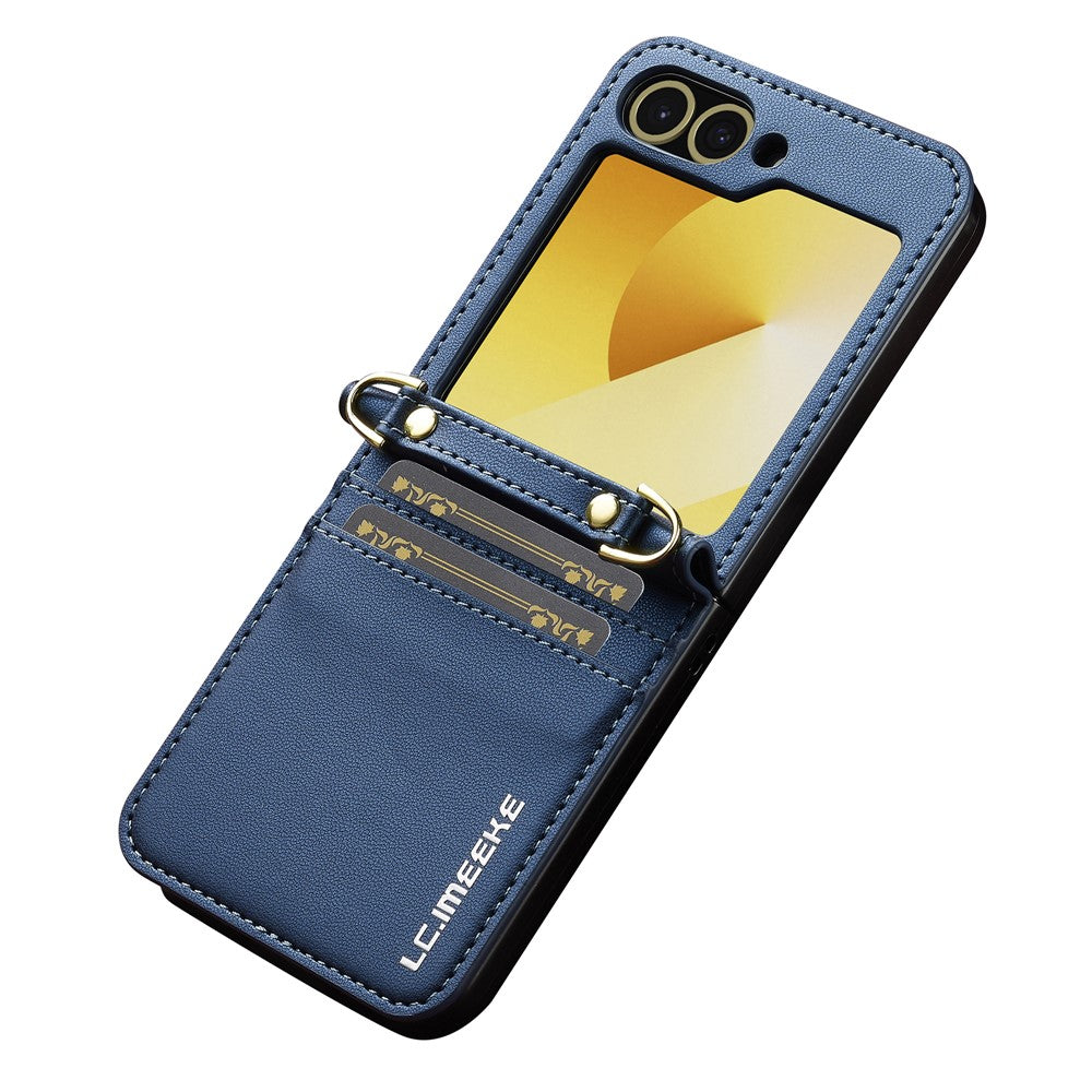 LC.IMEEKE for Samsung Galaxy Z Flip7 FE 5G / Z Flip6 5G Case Leather+PC Phone Cover with Straps Card Slots - Blue
