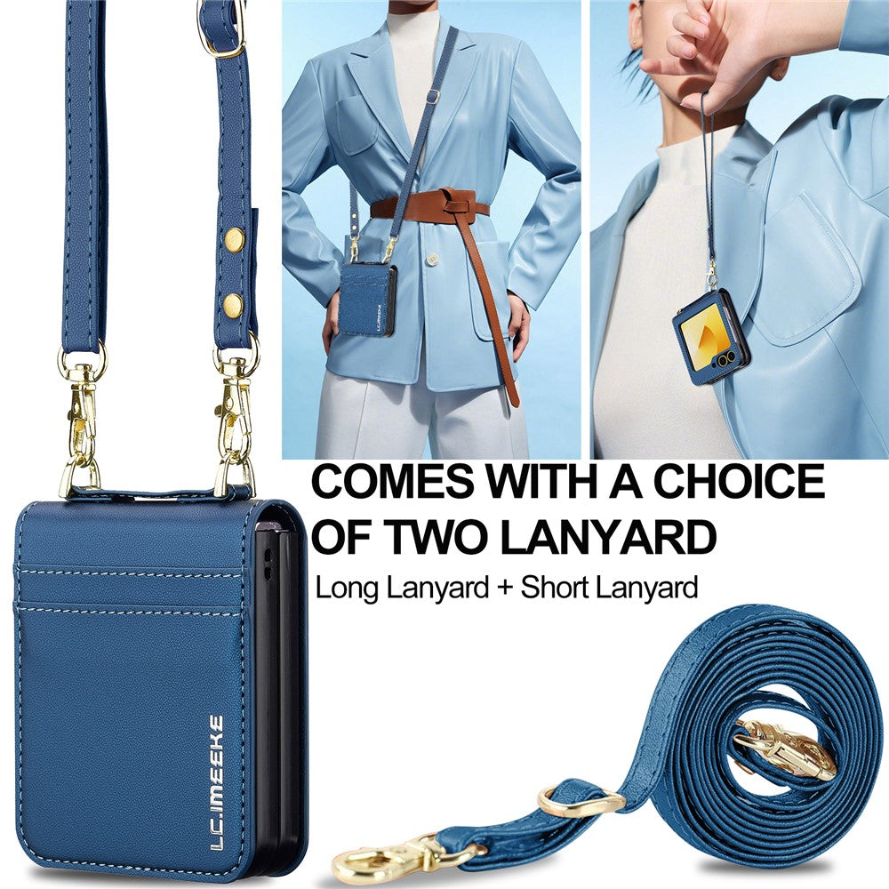LC.IMEEKE for Samsung Galaxy Z Flip7 FE 5G / Z Flip6 5G Case Leather+PC Phone Cover with Straps Card Slots - Blue